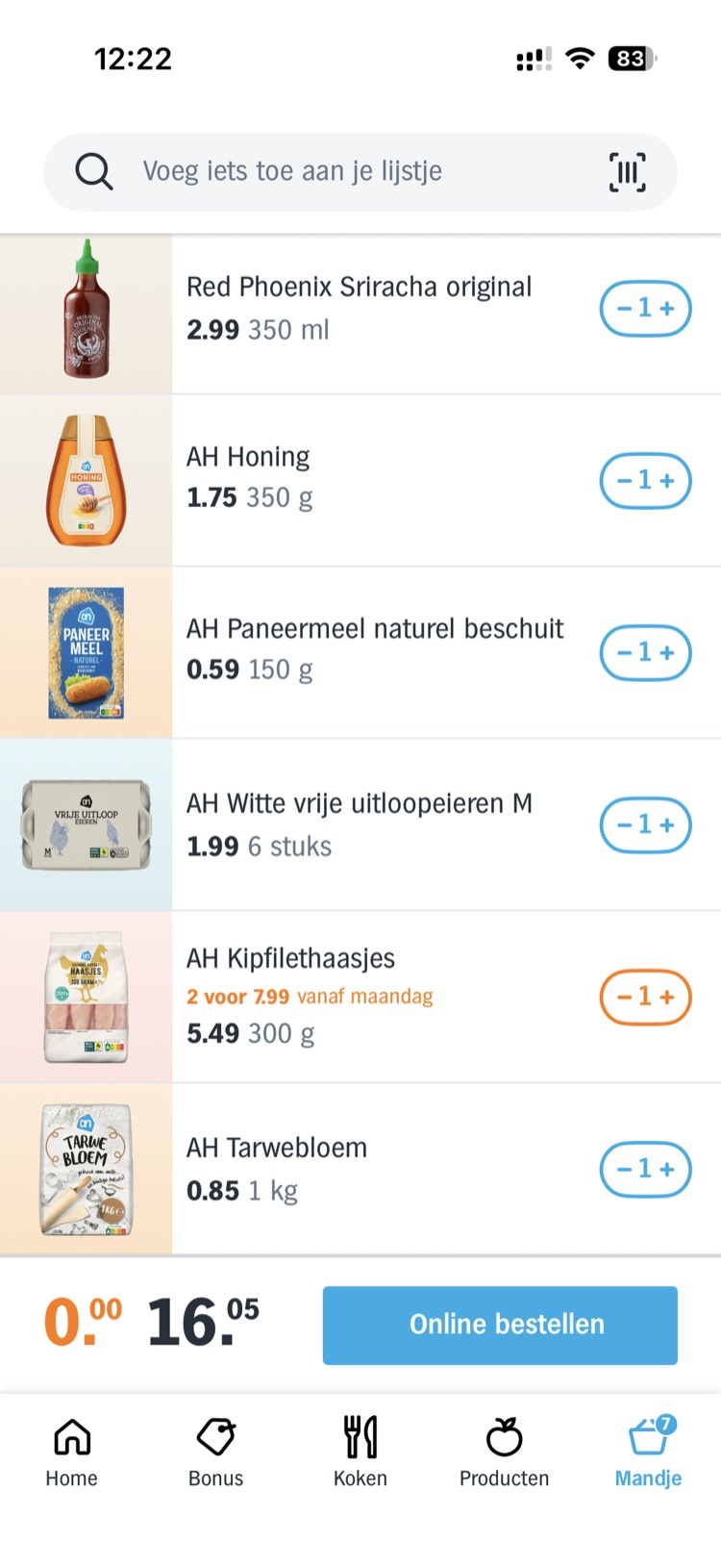 Albert Heijn app met vol mandje, klaar om online te bestellen