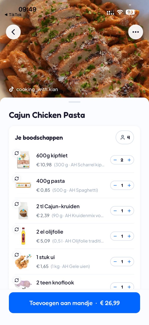 Het recept Cajun Chicken Pasta met per ingredient een supermarktproduct en de prijs.