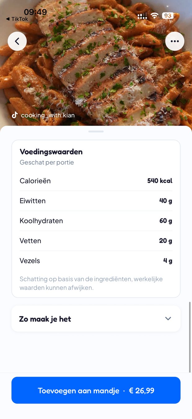 Het scherm Voedingswaarden met calorieen, eiwitten, koolhydraten, vetten en vezels per portie.