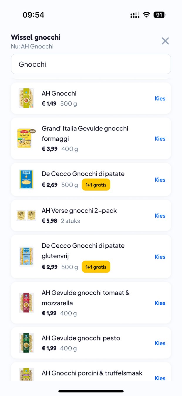 Het wisselscherm in SlimMandje met alternatieven voor gnocchi, elk met prijs en verpakkingsgrootte.