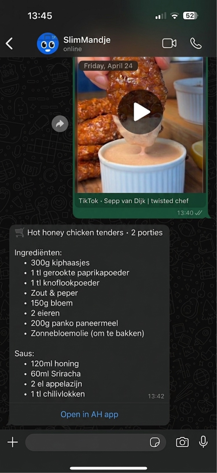 WhatsApp chat met SlimMandje: recept gedeeld, ingrediëntenlijst terug met knop naar AH app